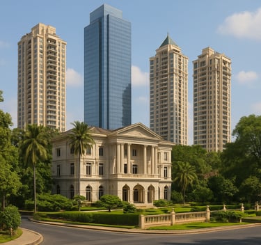a large building with tall buildings in the background