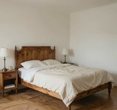 Dormitorio acogedor con cama de madera rústica, sábanas blancas y mesitas de noche sobre suelo de pa