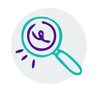 Teal and purple magnifying glass icon highlighting a document scribble for search and analysis.