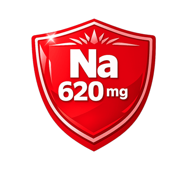 Red shield icon displaying Na 620mg representing sodium content and nutritional information.