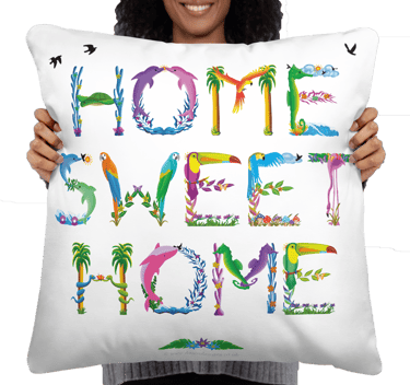 A throw pillow with the words Home Sweet Home printed on in tropical exotic wordart