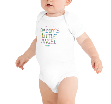 An all in one baby bodysuit with the words Daddys Little Angel printed on in tropical exotic wordart