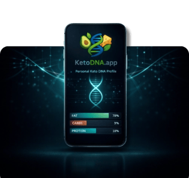 Smartphone displaying a Keto DNA app with personalized macronutrient ratios for fat, carbs, and protein.