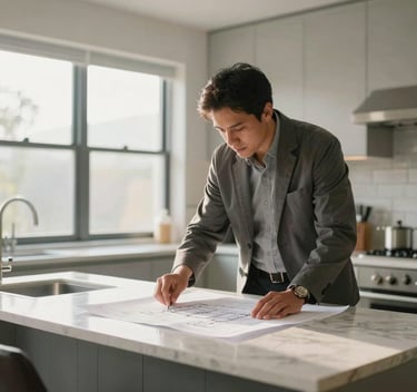 A North American general contractor in professional attire reviewing architectural blueprints on a clean kitchen island, soft morning light coming through large windows.