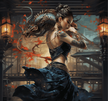 a woman in a dress with a dragon on her back