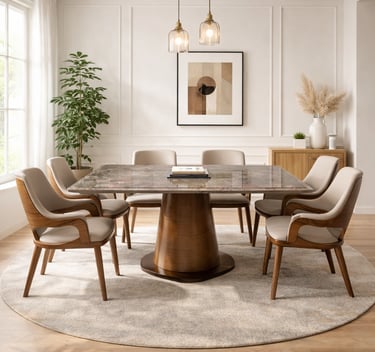 Modern dining room featuring a square marble top table with mid-century wood chairs on a round rug.