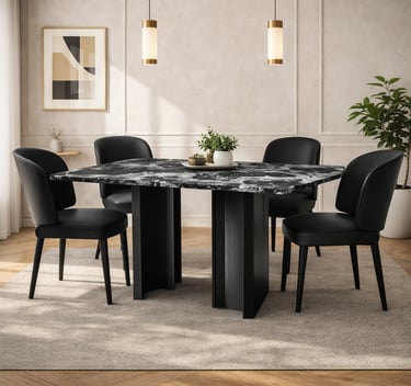 Modern dining room featuring a black marble table and four leather chairs on a neutral rug.
