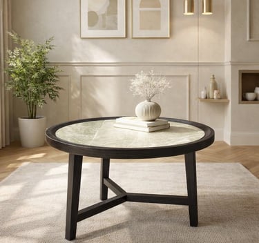 Modern round coffee table with dark wood frame and marble top in a minimalist living room.