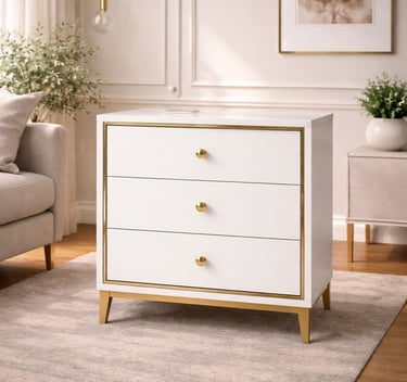 Modern white three-drawer nightstand with gold trim and hardware in a bright living room.