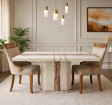 Modern white marble dining table with gold pendant lights and upholstered chairs in a luxury room.