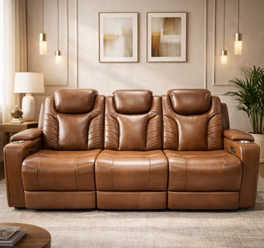 Modern brown leather power reclining sofa with cup holders in a minimalist living room.