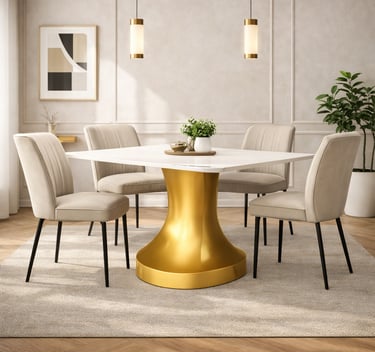 Modern dining room set with white marble table, gold pedestal base, and four beige velvet chairs.