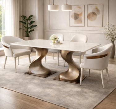 Modern luxury dining room featuring a white marble table with sculptural bronze pedestals and white upholstered chairs.