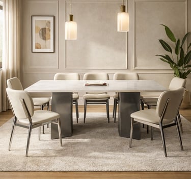 Modern luxury dining room featuring a white marble table with beige upholstered chairs and pendant lights.