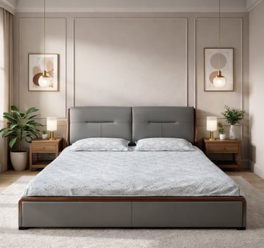 Modern master bedroom featuring a gray upholstered platform bed with wood accents and gold pendant lighting.