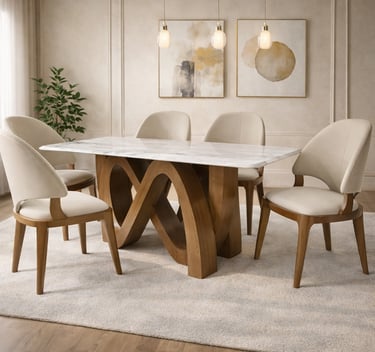 Modern marble dining table with a sculptural wood base and beige upholstered chairs in a neutral dining room.