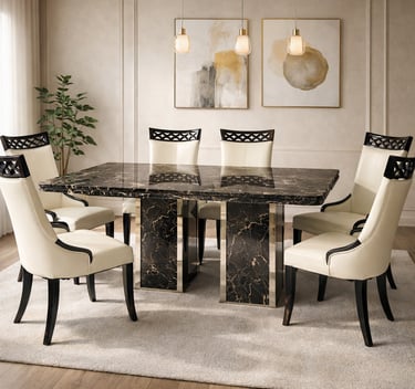 Luxury black marble dining table with cream leather chairs in a modern, elegant dining room.