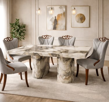 Modern luxury dining room featuring a marble pedestal table and gray velvet upholstered chairs.