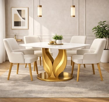 Modern white dining table with gold pedestal base and upholstered chairs in a luxury home interior.