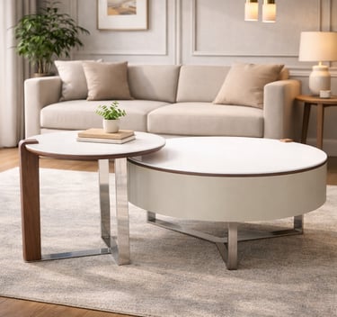 Modern nesting coffee tables with white tops and metal legs in a minimalist living room.