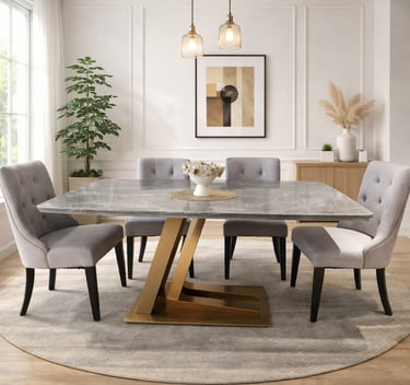 Modern dining room featuring a grey marble table with a gold pedestal base and tufted grey chairs.