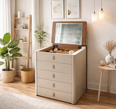 Modern cream bedroom dresser with a flip-top mirror and built-in jewelry organizer in a bright room.