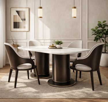 Modern marble dining table with bronze pedestal base and elegant upholstered chairs in a luxury room.