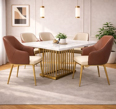 Modern dining room set featuring a white marble table with gold legs and leather chairs.