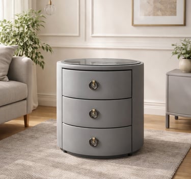 Modern grey round nightstand with three drawers and gold ring pulls on a plush rug in a living room.
