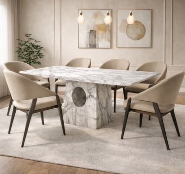 Modern white marble dining table with beige upholstered chairs in a luxury minimalist dining room.