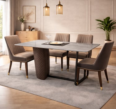 Modern marble dining table set with upholstered velvet chairs and a unique quilted base design.
