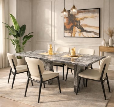 Modern dining room featuring a grey marble dining table and cream upholstered chairs with black legs.