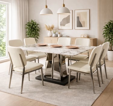 Modern dining room featuring a white marble dining table and cream upholstered chairs.