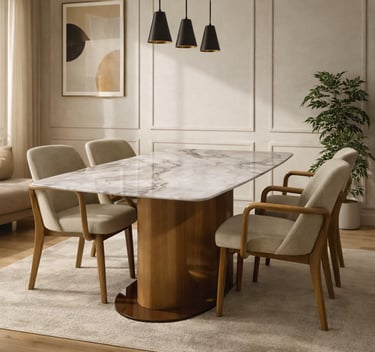 Modern dining room featuring a white marble dining table with wooden pedestal base and upholstered chairs.