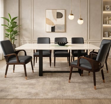 Modern dining room featuring a white marble table and black upholstered chairs on a neutral area rug.