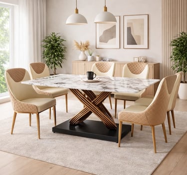 Modern marble dining table with bronze pedestal base and beige tufted chairs in a bright room.
