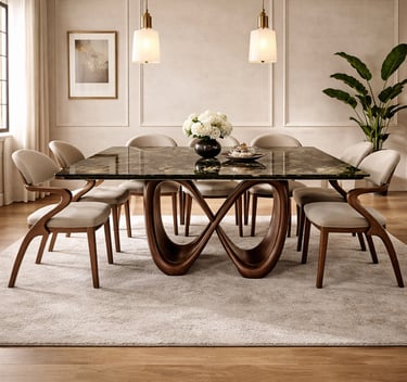 Modern luxury dining room featuring a black marble table with a sculptural wood base and beige upholstered chairs.