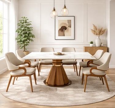 Modern dining room featuring a white marble table and wood chairs on a round rug.