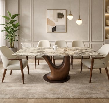 Modern marble dining table with curved wood base and cream chairs in a minimalist room.