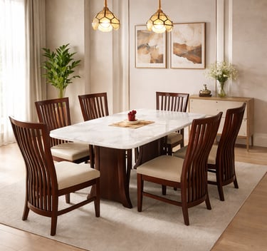 Elegant marble top dining table set with six dark wood chairs on a beige area rug.