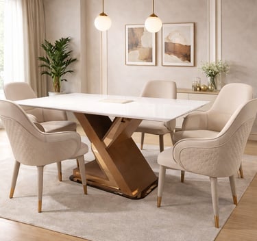 Modern white dining table with gold geometric base and cream upholstered chairs in a luxury room.