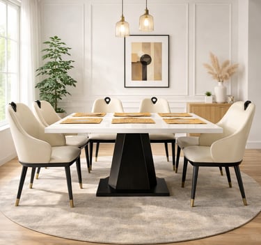 Modern white dining table with black pedestal base and cream upholstered chairs in a bright room.