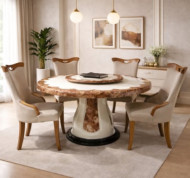 Luxury round marble dining table with Lazy Susan and four beige upholstered chairs in a modern room.