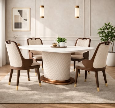 Modern luxury dining room set with white marble table and four brown upholstered chairs.