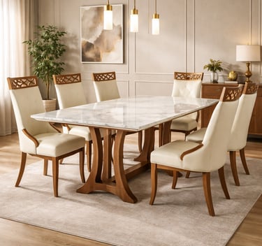 Elegant marble top dining table with six cream leather chairs in a modern luxury dining room.