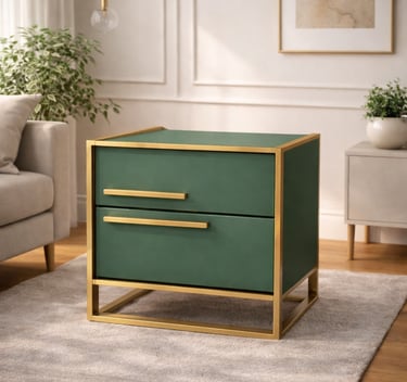Modern emerald green nightstand with gold metal frame and handles on a plush rug.