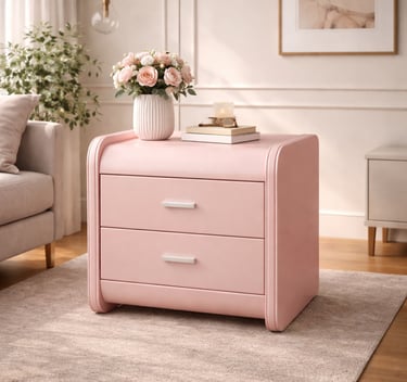 Modern light pink nightstand with two drawers and flowers in a cozy bedroom setting.