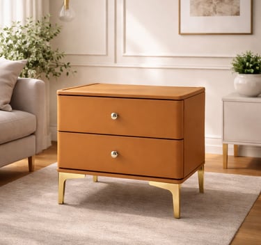 Modern tan leather nightstand with two drawers and gold metal legs in a bright living room.