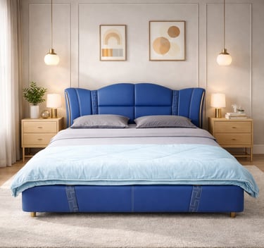 Modern blue leather upholstered bed frame with winged headboard and wooden nightstands.