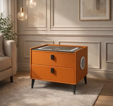 Modern orange smart nightstand with wireless charging and built-in speakers in a living room.